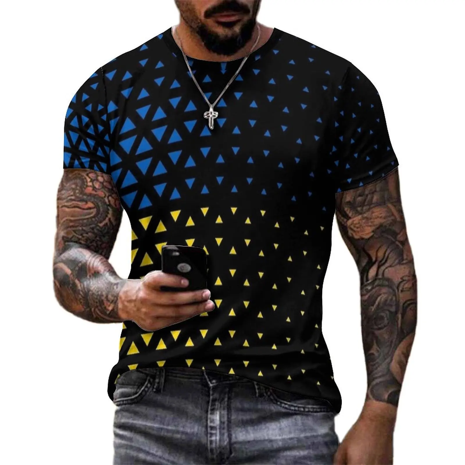 Men Moving Triangles Colors of Ukrainian Flag T Shirt Vintage T-Shirts Short Sleeve Design Tops Summer Casual Big Size Top Tees
