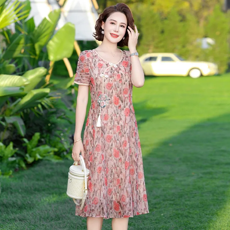 Chinese style Printing Round Neck Short Sleeve Knee Skirts Thin Dresses Intellectual Summer Women\'s Clothing Temperament Fashion