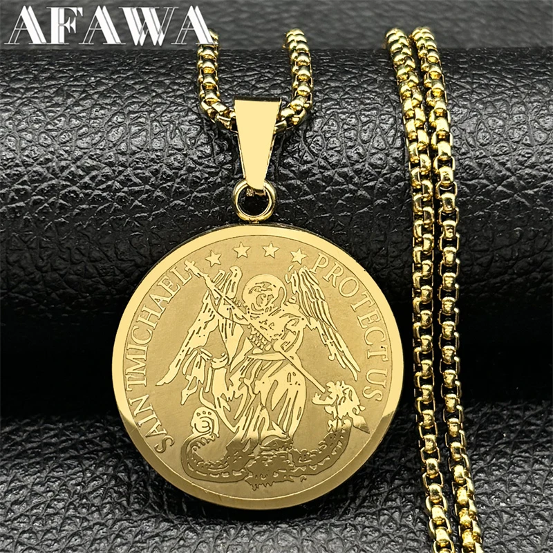 Saint Michael Protect Us Pendants Necklaces for Women Men Stainless Steel Gold Silver Color Religious Amulet Chain Jewelry