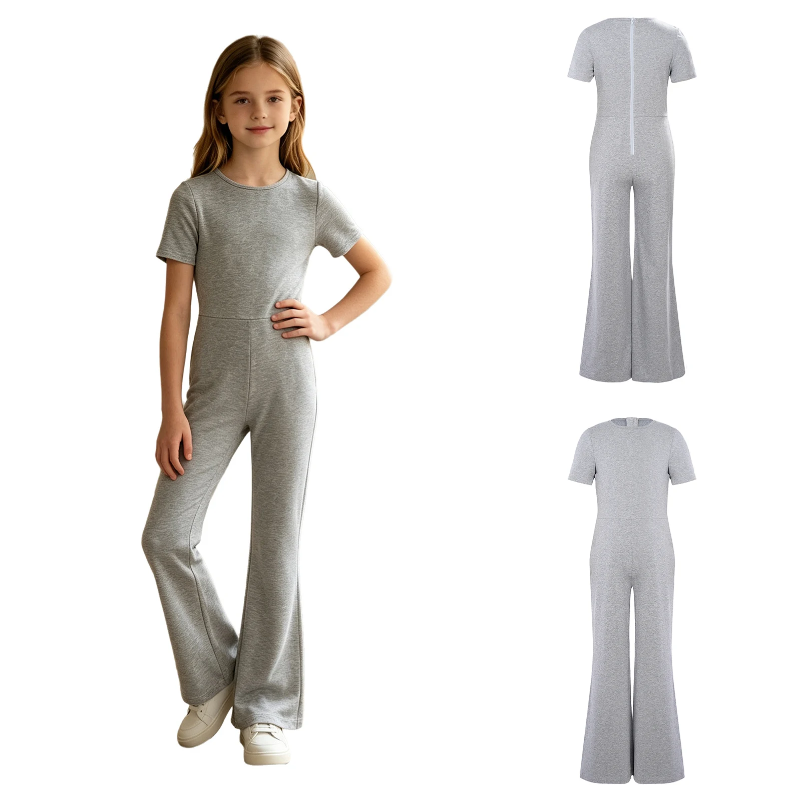 Jumpsuit Lengan Pendek Anti Lepas untuk Anak Perempuan, dengan Ritsleting Belakang Tak Terlihat dan Model Bell Bottom, untuk Perawatan Kebutuhan Khusus