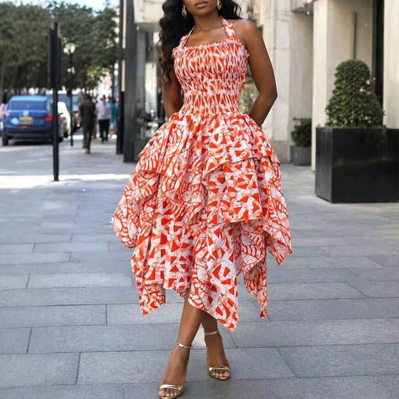 Summer Sleeveless Hollow Dress Casual Pattern Print Ruffle Irregular Long Dress Women's Sexy Halter Backless Slim Bohemian Dress