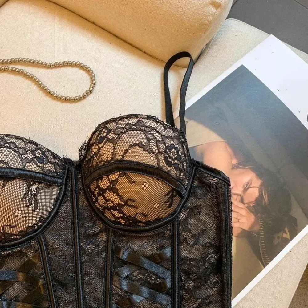 Mesh Flower Lace Corset Fishbone Bottoming Shirt Girl's Suspender Vest Spicy Girls Style Sleeveless Lace Camisole with Pads Lady