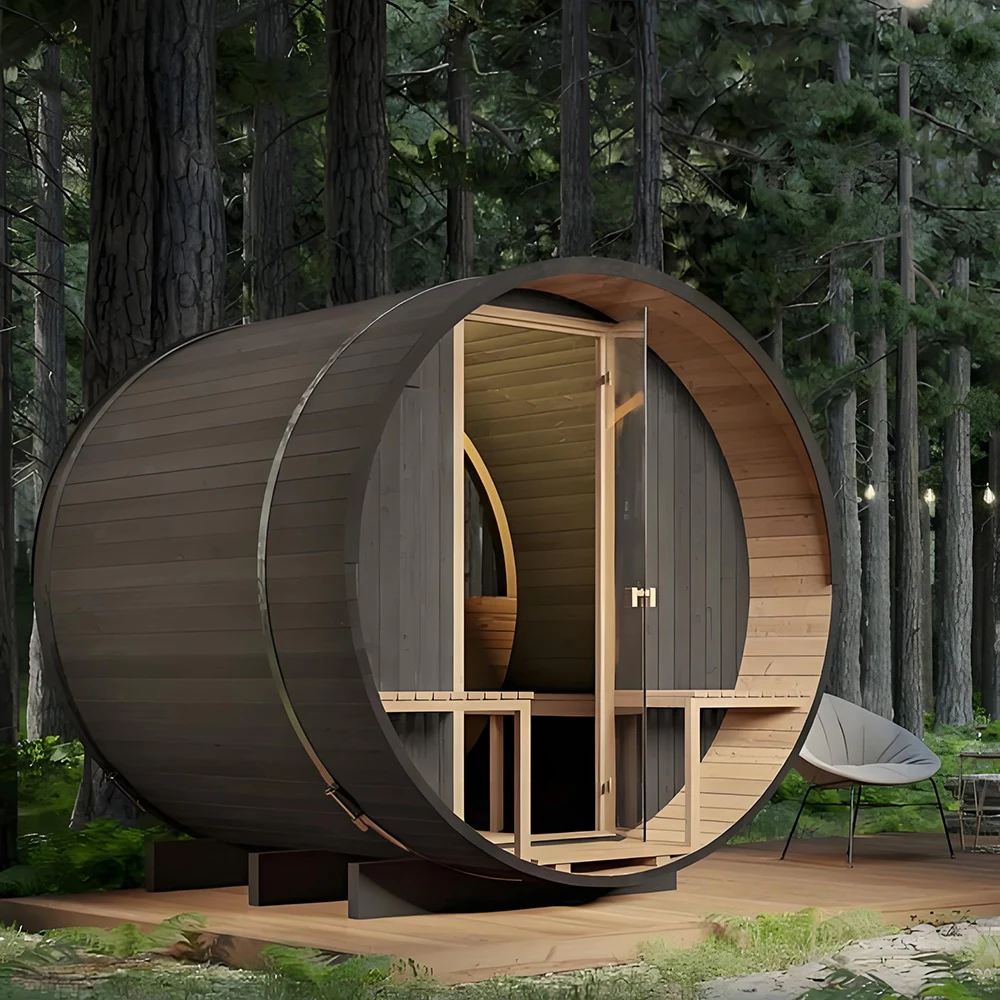 6-Person Outdoor Sauna Room, Red Cedar Solid Wood Traditional Wet Steam Sauna House, Electric Square Home Spa for Garden