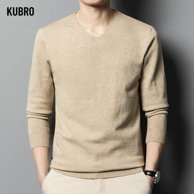 KUBRO Plus Size 5XL-M Autumn Winter New V-neck Solid Color Sweater Men Business Elastic Knitting Pullover Korean Slim Tight Tops