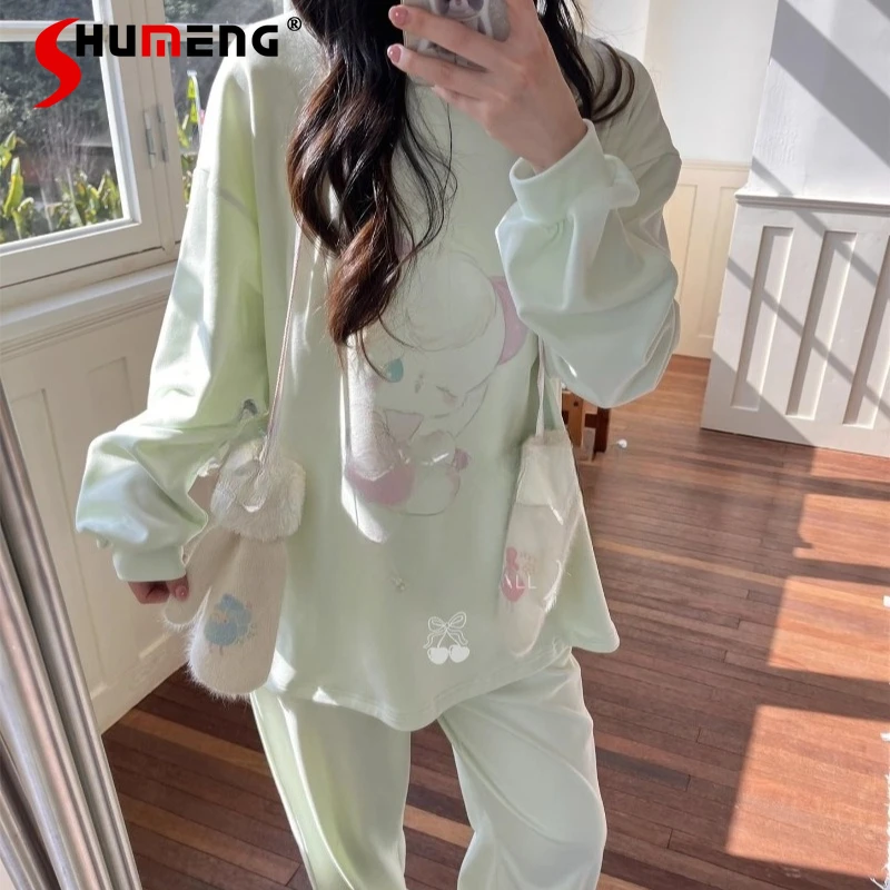 

Wearable Cute Round Neck Homewear Set for Women Long Sleeve Long Pants Sleep Suits Female Japanese Loose Sweatshirt Sets