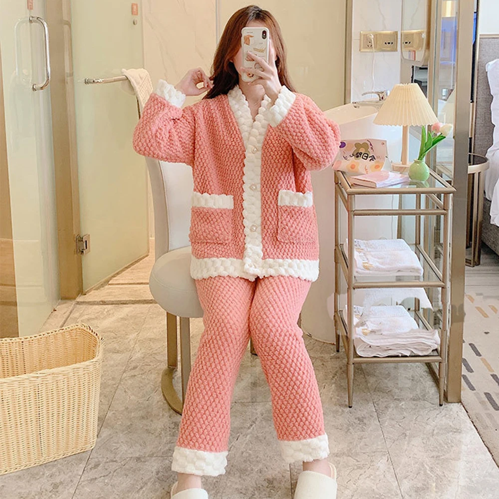 Ensemble de pyjama boutonné à manches longues et pantalon long pour femme, vêtements de détente en peluche doux et chauds, vêtements de nuit en glouton, ensembles de pyjama Smile