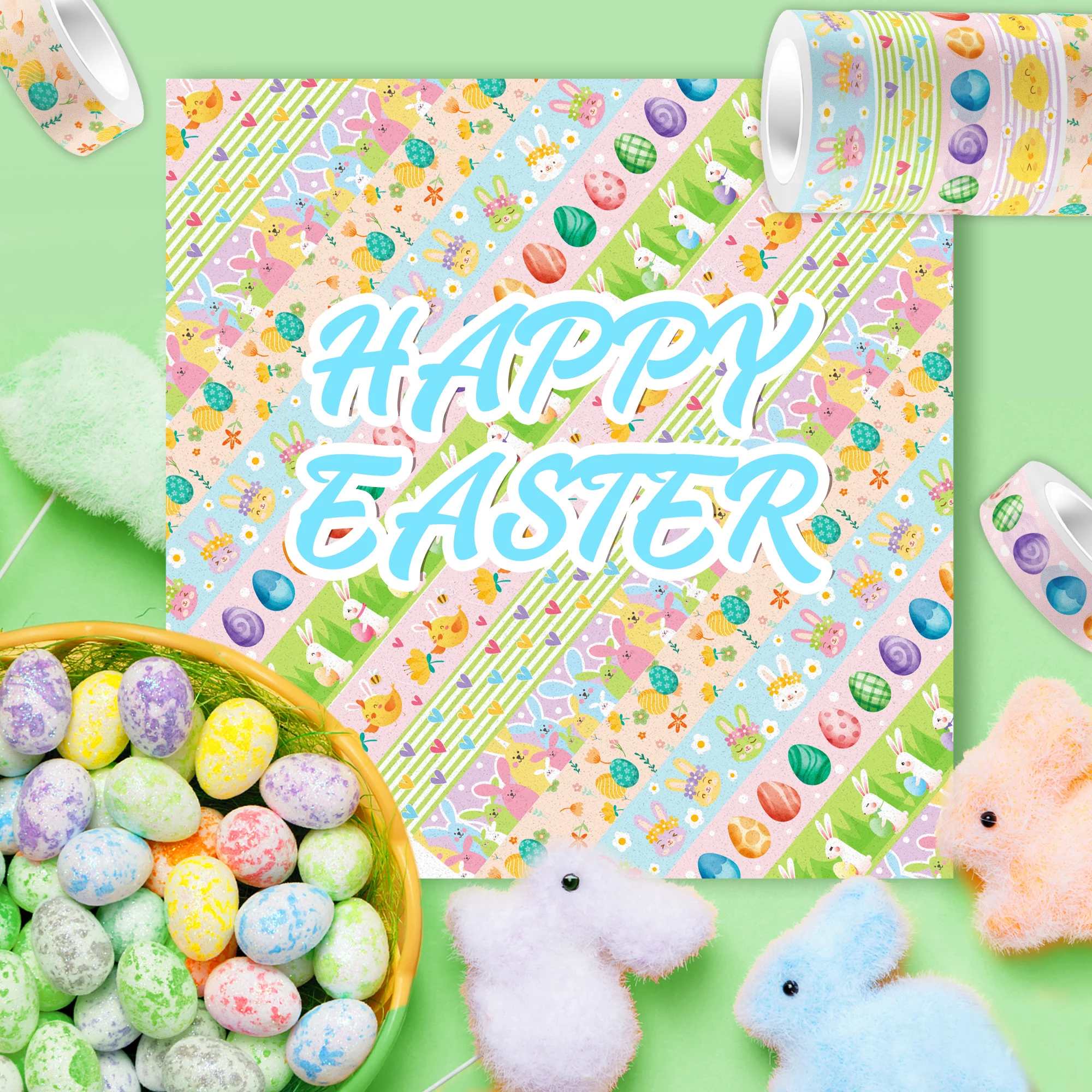 12Rolls Easter Day Bunny Egg Pattern Masking Tape DIY Handbook Material Sticker Washi Tape Scrapbooking Birthday Gift Supplies