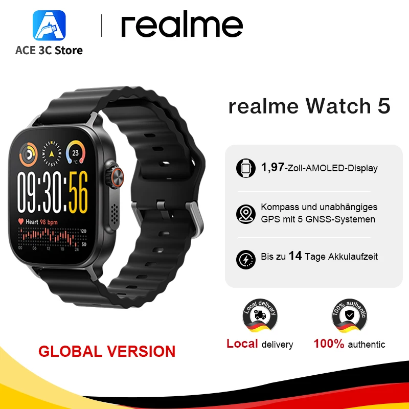 Versión global realme Watch 5 Smartwatch Brújula y GPS independiente con 5 GNSS Pantalla AMOLED de 1,97 pulgadas Hasta 14 días de duración superlarga