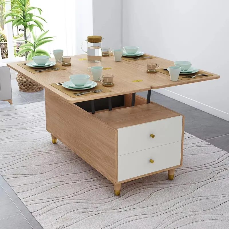 Nordic Lifting Coffee/dining Table 2 Drawers + 1 Door, 2-in-1 Folding, Minimalist For Small Living Rooms