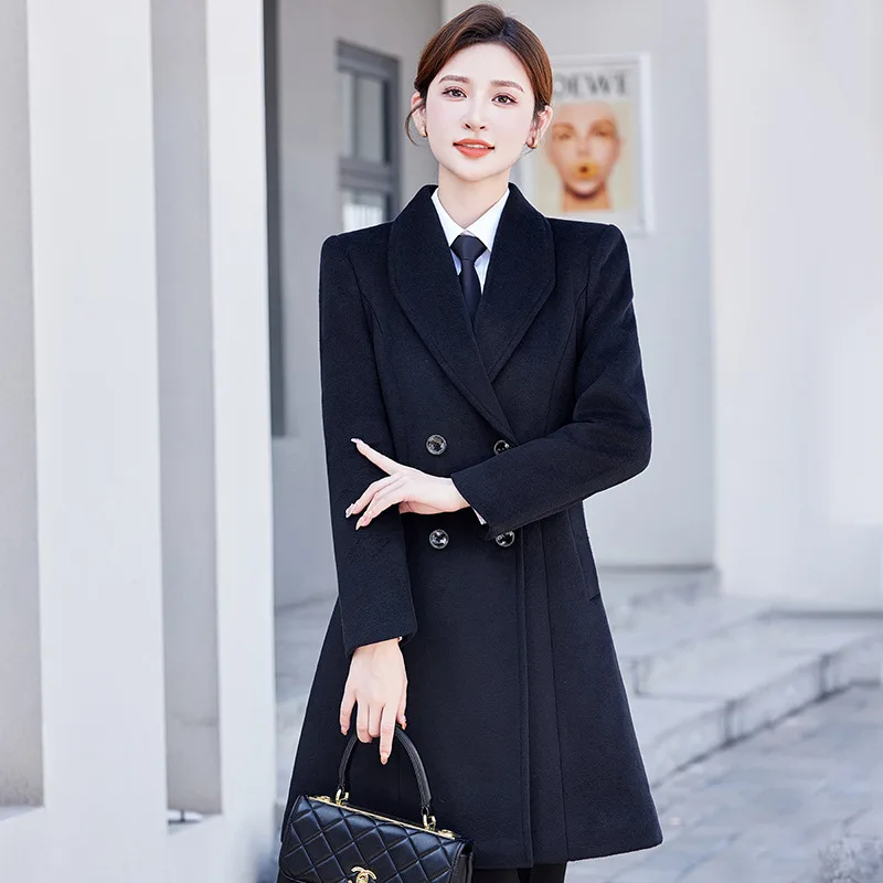 

New black professional wear double-breasted woolen coat medium and long 4S hotel front desk woolen coat work clothes winter