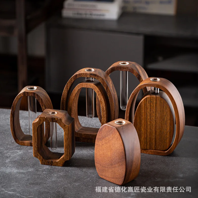 Walnut Flower Device Hydroponic Plant Flower Arrangement Japanese Solid Wood Glass Desktop Creative Small Ornament Test Tube