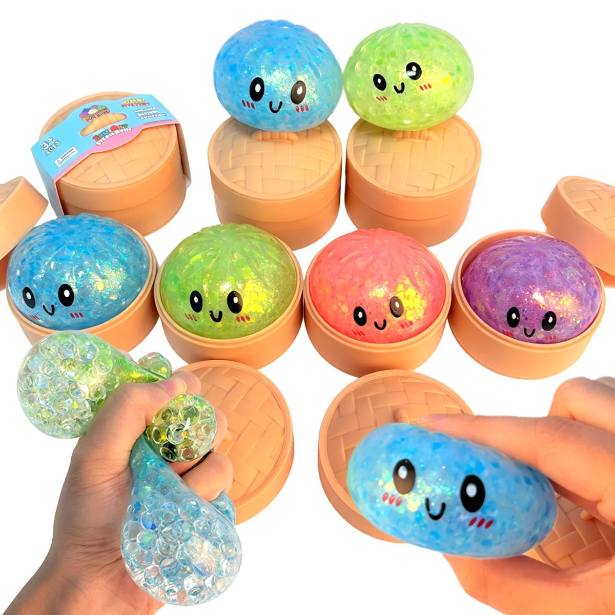1-6Pcs Dumpling Squishy Viral Hidden Design Glitter Bead , Blind Box with Packaging Box, Realistic Bun Squeeze Stress Relief To