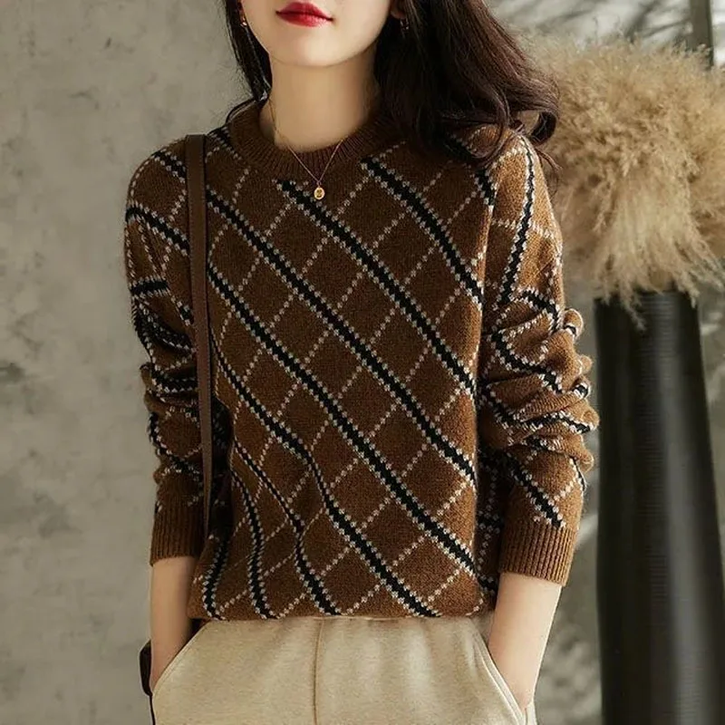 Thick Argyle Spliced Knitting Pullovers O-Neck Vintage England Style Autumn Winter Women's Clothing Coffee Colour Medium Strech