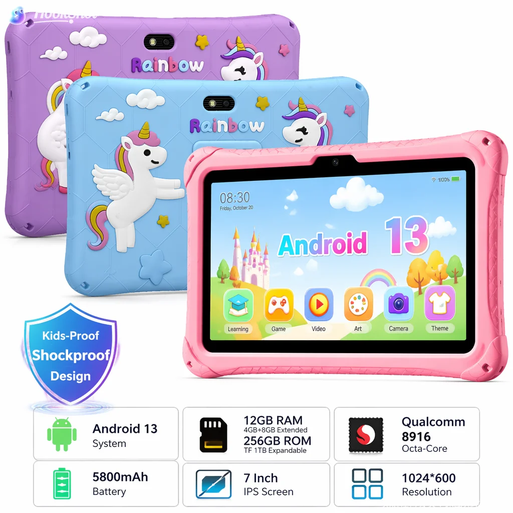 7 Inch Cartoon Kids Tablet Android13 12GB+256GB WIFI Parental Control Shockproof Children Educational Learning Tablet Gift