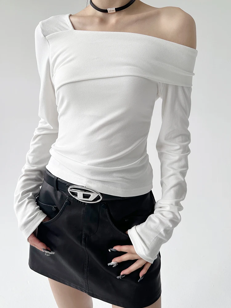 

Pure Desirable Sexy oulder Baring Top Women's ort Sve Long Sve Slant Collar Slim Fit T irt Korean Sle New 2024