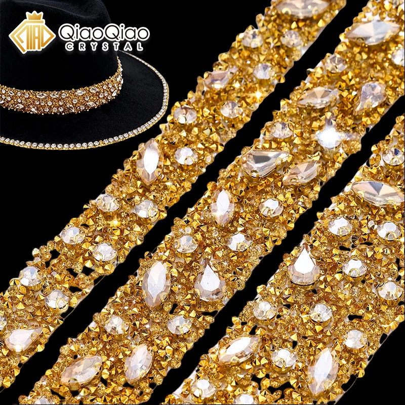 

QIAO Gold/Silver 1 Yard Hotfix Glass Crystal Rhinestone Diamond Ribbon 17mm-35mm DIY Trim Rhinestones Arts Crafts Decoratio