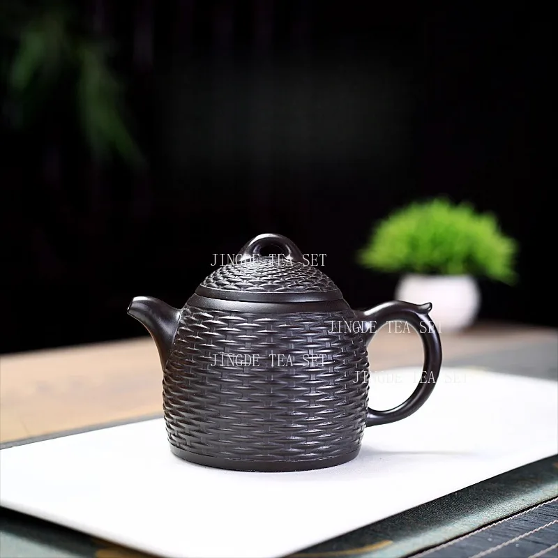 

260 мл 14-луночный чайник Исин из черной глины с фиолетовой глиной, высококачественный бамбуковый тканый чайник ручной работы для домашнего использования, чай Кунг-фу