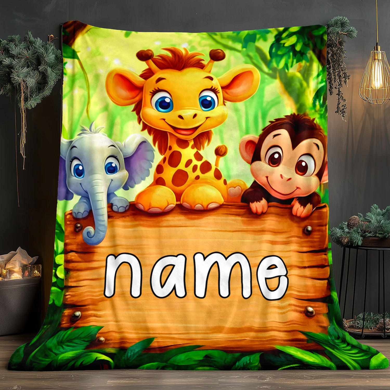 Customized Name Blanket Forest Animal Plaque Lightweight Knitted Fabric, Polyester Fiber, Digital Printing, Flannel, Fantasy
