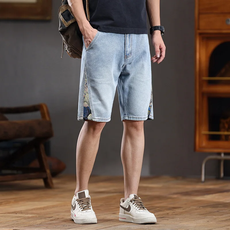 Fashion Embroidery Stitching Personalized Denim Shorts Men's Summer High Street Fashionable Versatile Casual Youth Street Shorts
