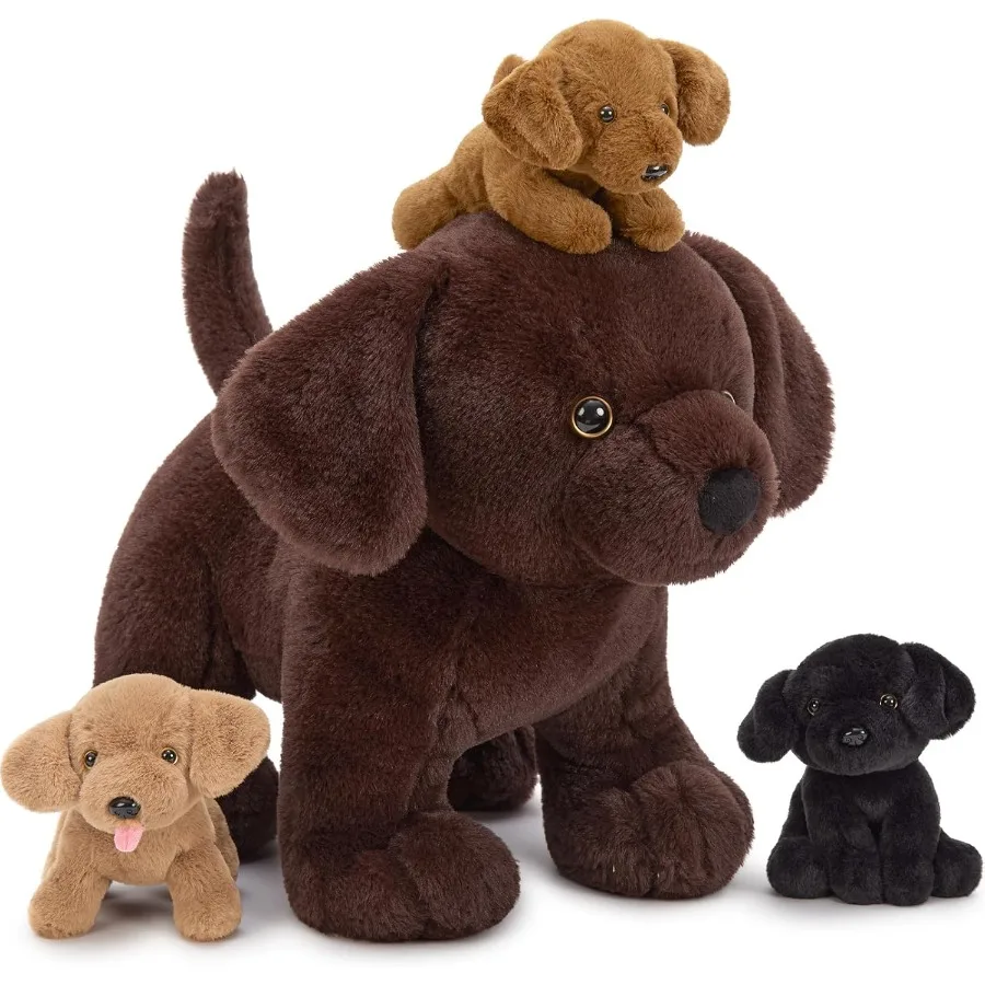 

4Pcs Lab Stuffed Animals - 16 Huggable Chocolate Mama Labrador Dog with 3 Hidden Puppies in Black/Yellow/Dark Brown - Plush Toy