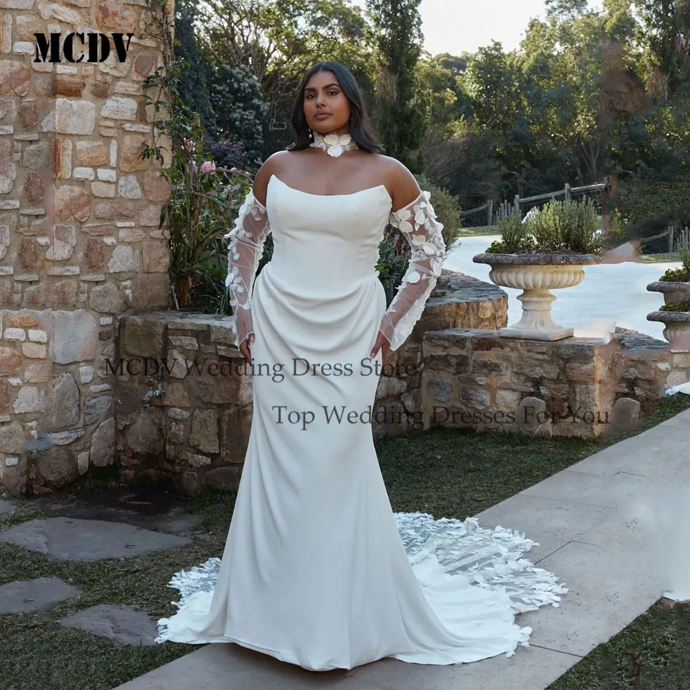 

Plus Size Wdding Dresses Strapless Mermaid Ivory Satin Bride Gowns Detachable Sleeve Applique Lace robe mariee 2026 Customized