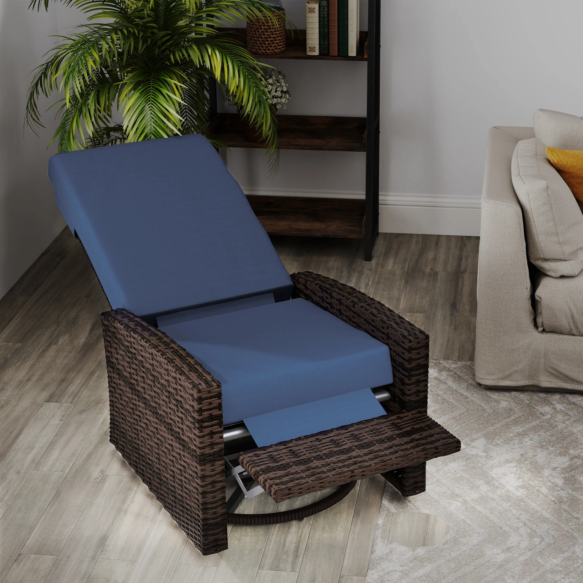 Outdoor Wicker Swivel Recliner Chair, Lifting Footrest, 360° Rotating Basic, Water-resistant Cushions, Dark Blue