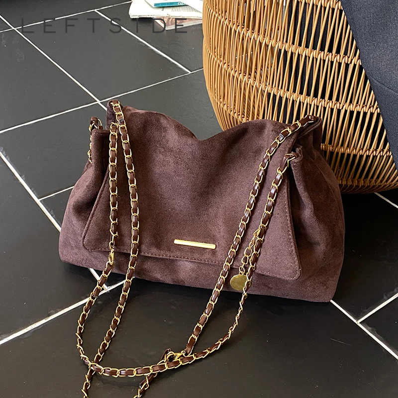 

LEFTSIDE Women Suede Shoulder Bag 2025 Winter Retro Small Chain Crossbody Bags Luxury Designer Trend Female Handbags and Purses