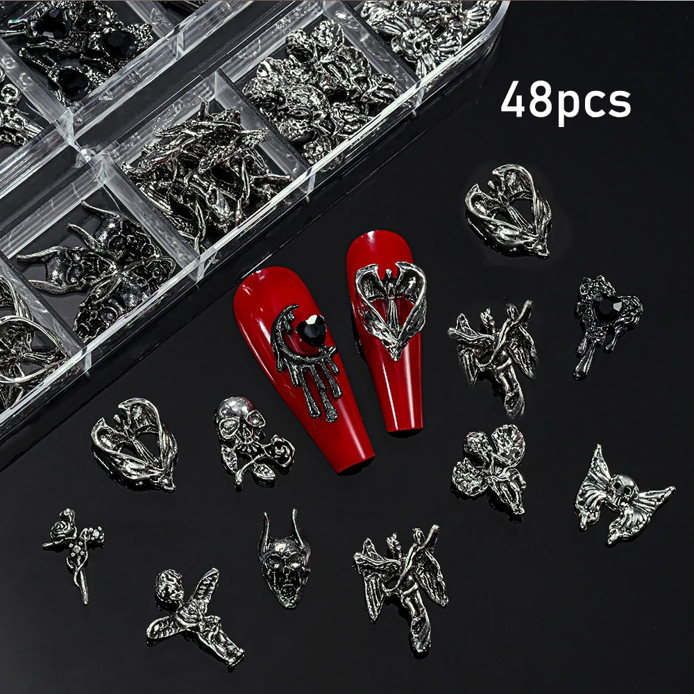 12Grid 3D Halloween Legierung Nagel Dekorationen Y2K Retro Gothic Punk Schwarz Metall Flügel Schädel Kreuz Nagel Charms Halloween Nagel liefert