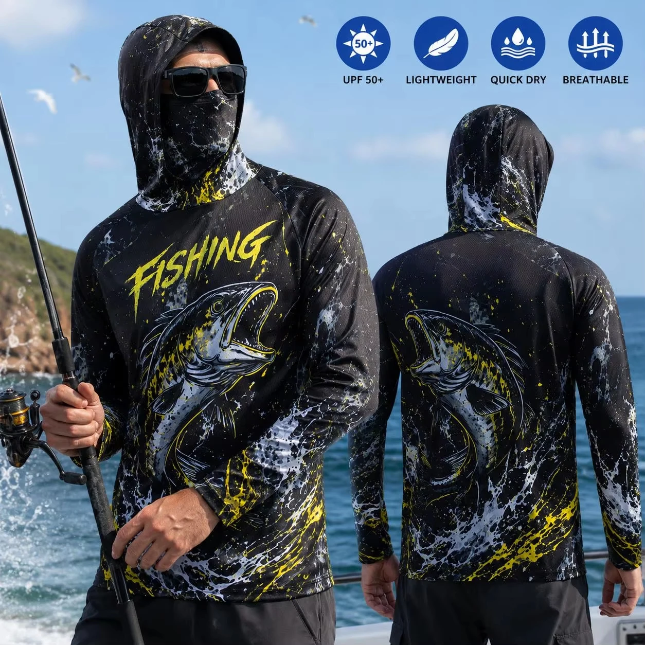 MALFC Men Hood Fishing Shirt long sleeve fishing t shirt uv protection Fishing Apparel view 5
