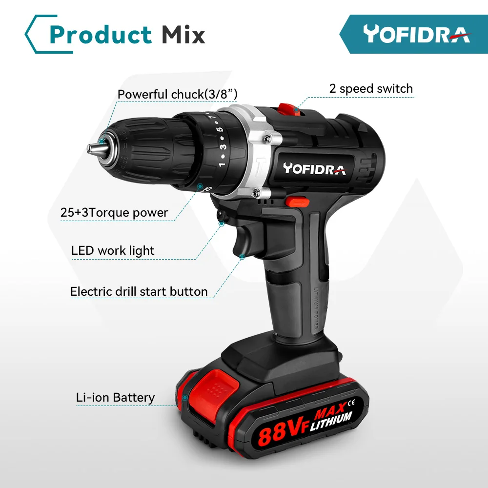 Cordless High Quality Electric Impact Drill Screwdriver 25+3 Torque Suit DIY  Electric Tool 3 in 1 Battery Brush Motor