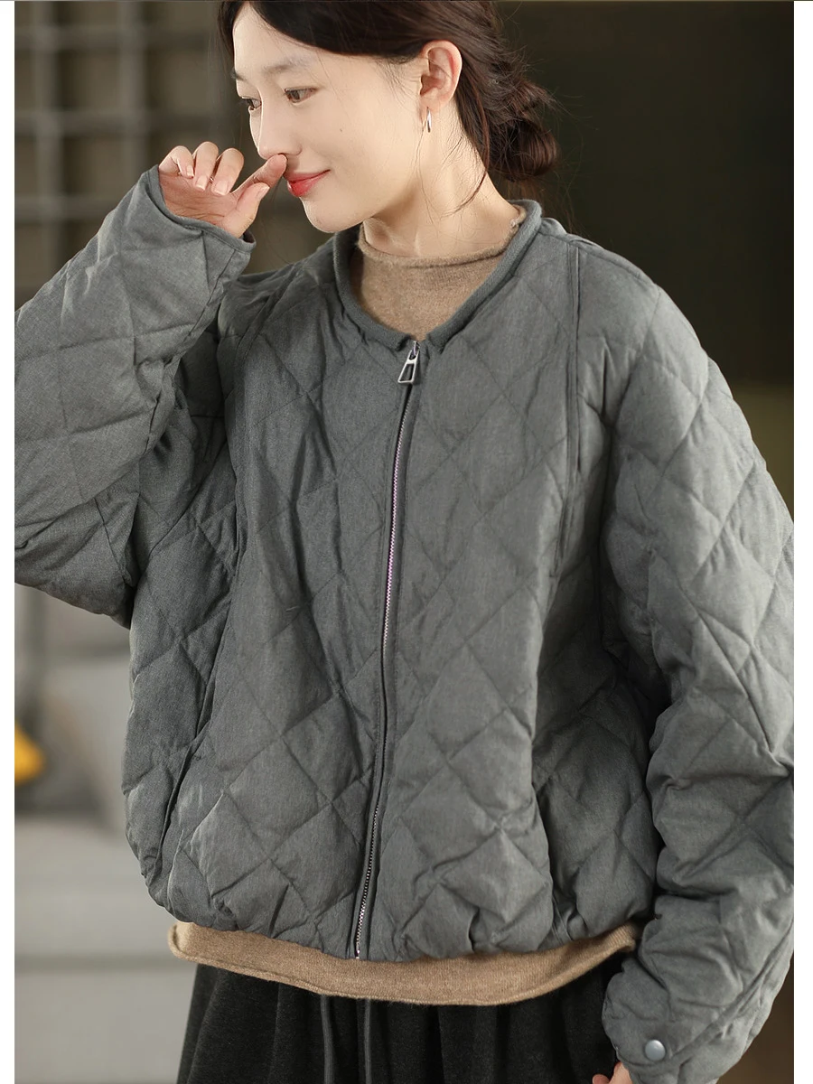 

Thiened White Du down Zipper Jaet Women's Faion Diamond Pattern Warm Puffy Winter Coat round Ne Long Sve Coat