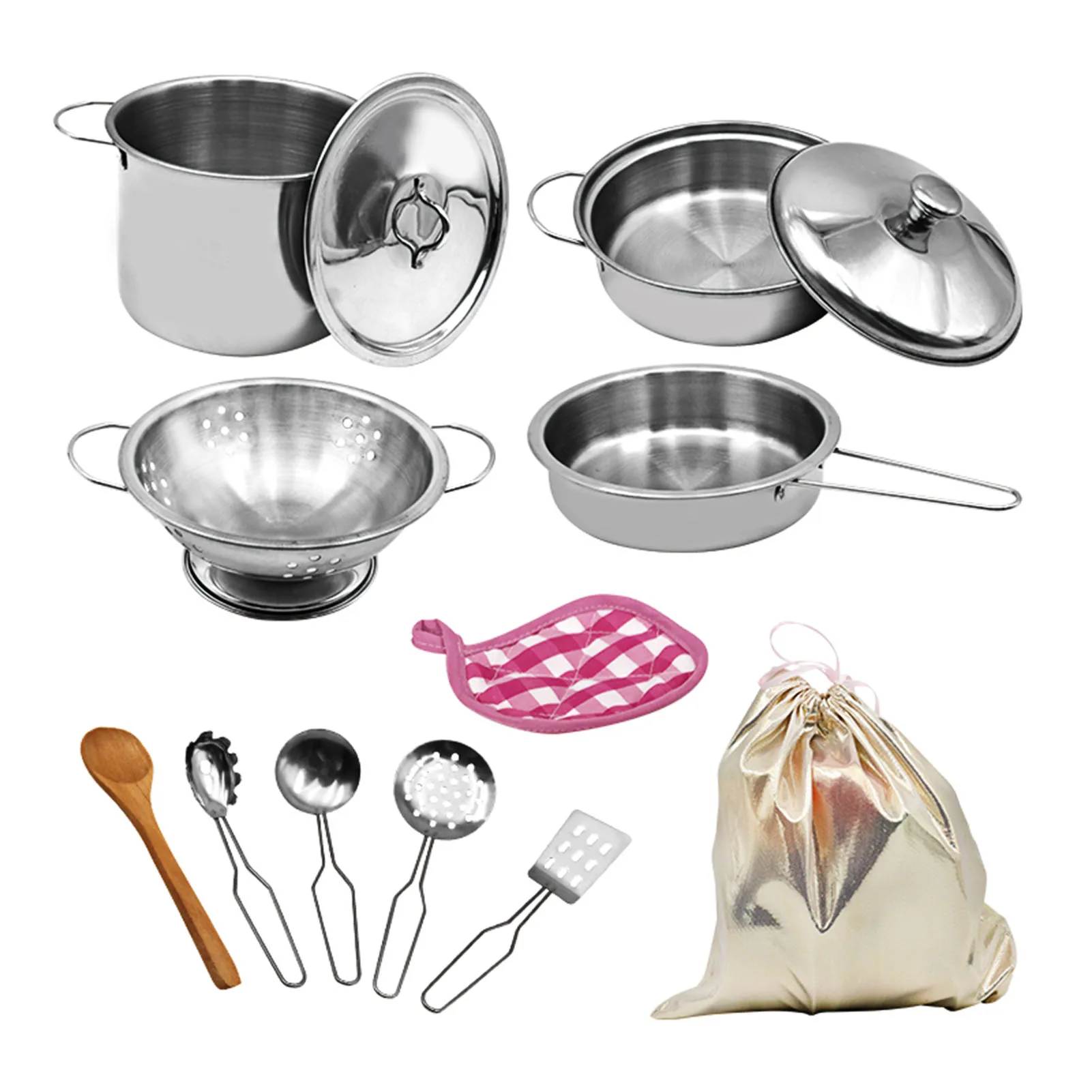 12PCS Kitchen Set Pretend Play with Storage Bag Simulated Kitchen Toy Stainless Steel Soup Pot Pan Shovel Spoon Children Chef