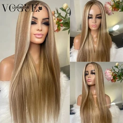 Perruque Lace Closure Wig Brésilienne Naturelle, Cheveux Vierges, Blond Miel, à Reflets Bruns, Pre-Plucked, en Solde, pour Femme