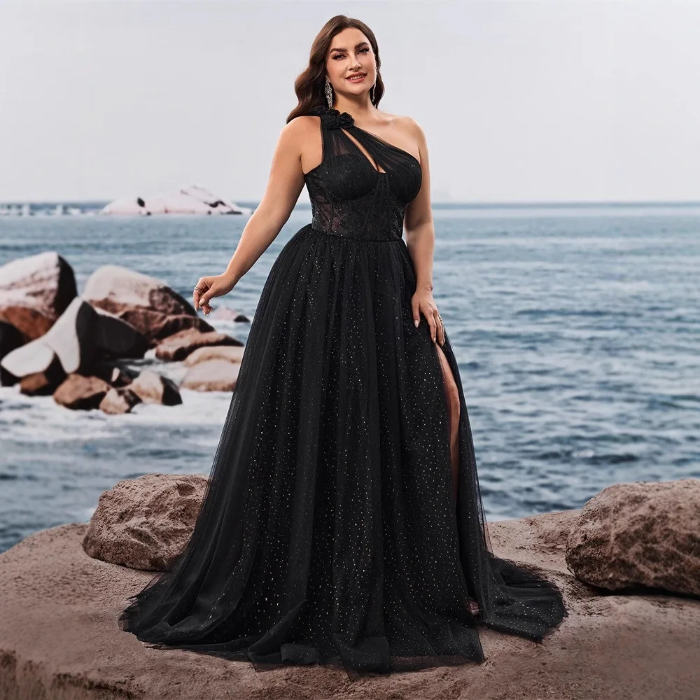 Plus Size Black One Shoulder Floral Bow Corset Star Tulle Maxi Dress High Slit Flowy A Line Wedding Guest Evening Gown view 5