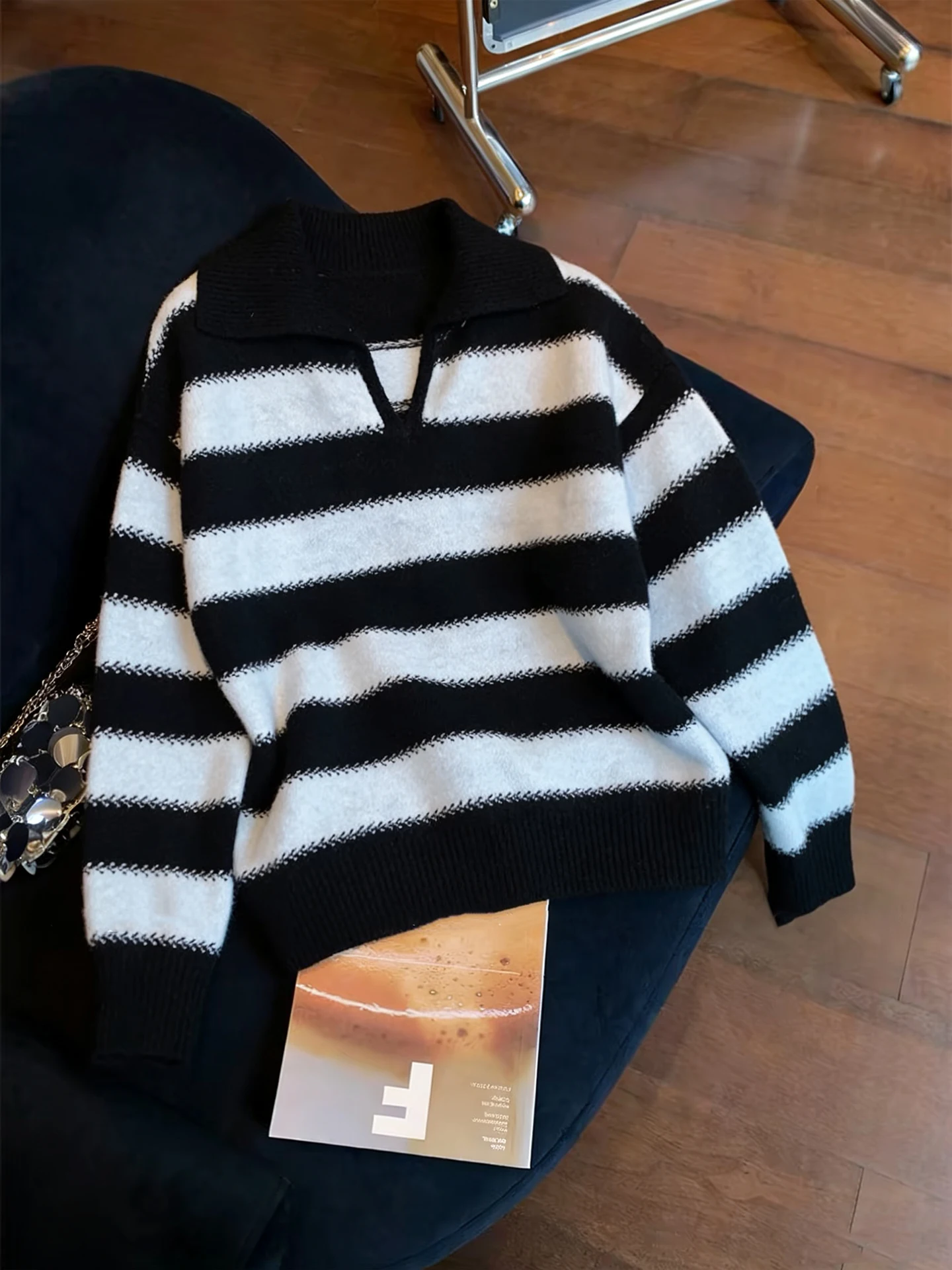 

Retro Japanese Artistic Stripe Knitwear Loose Fit Overhead Women's Spring Autumn Design Sensation Age Reduction Sweater