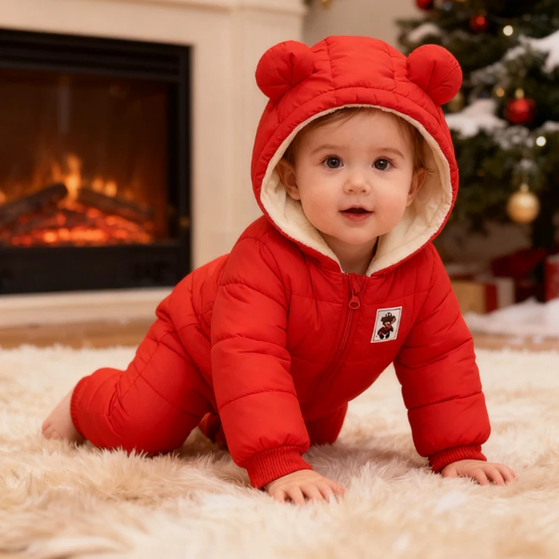 2025 Newborn Children's Clothing Winter Baby Warm Fleece Cotton Hooded Jacket Children Clothes Toddler Thicken Rompers Jumpsuit