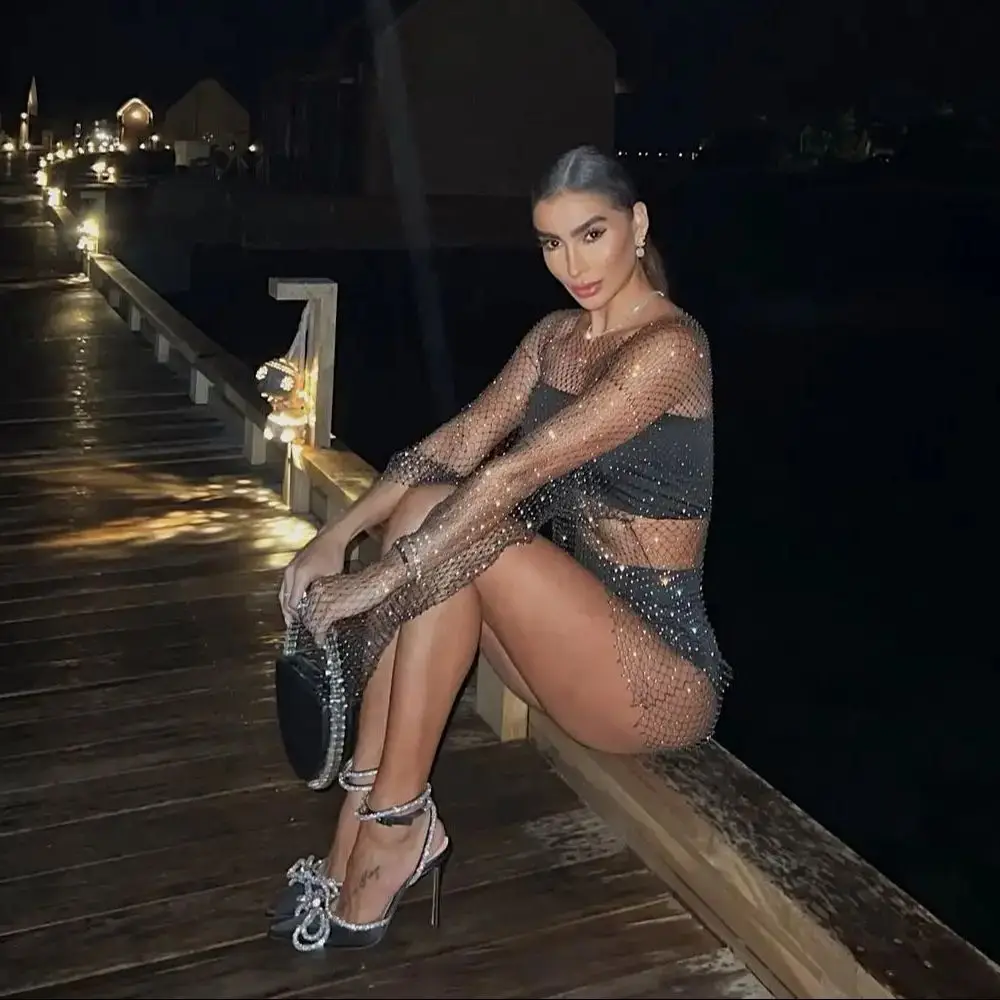 FestivalQueen Sexy Rhinestone Mesh Dress Long Sleeve Hollow Out Sheer Dress Strap Back For Club & Party Women's Clothing
