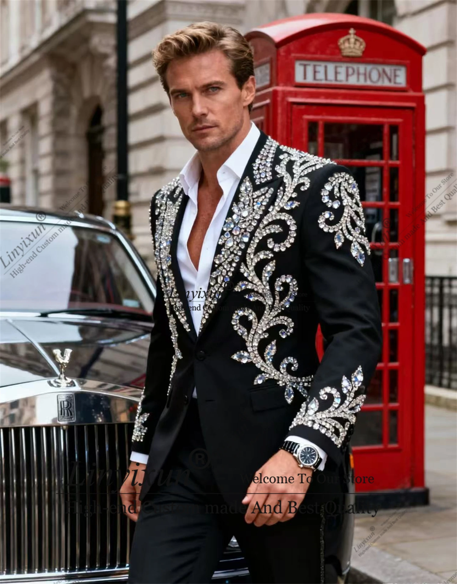 

British style Beaded Crystals Men Suits Peaked Lapel Groom Tuxedos 2 Pieces Customized Costume Homme Party Wedding Prom Blazers