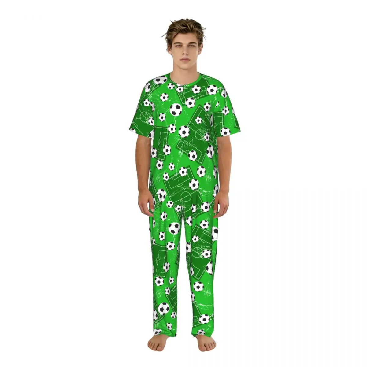 Sleepwear Summer Spring Home Clothes Background With Football Gate And Soccer Ball Short Sleeve Long Pant Nightwear
