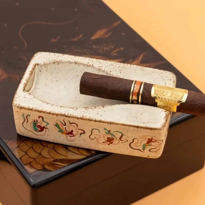 Ceramic Cigar Ashtray with Dunhuang Flying Apsaras Pattern, Single Cigar Slot Oriental Desktop Ornament for Home & Office