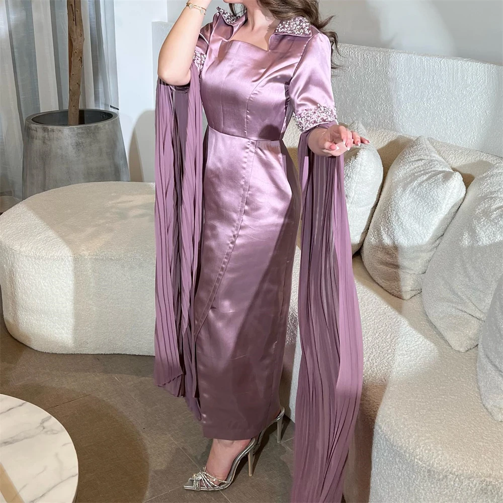 Oisslec Prom Dress Fashion High Quality Square Floor Length Long Sleeve Satin Beading Formal Evening Gowns فساتين سهرة 파티복이브닝드레스