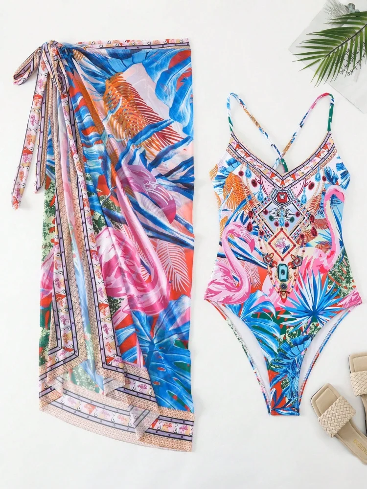 

One Piece Swimsuit Women 2025 New Print Sling Sexy Bodysuit Swimwear Monokini Summer Gauze Skirt Beach Wear Bathing Suit Female