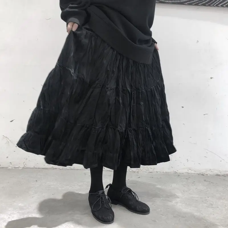 Korean Retro Pleated Loose Mid-length Skirt Women 2025 Winter Streetwear High Waist Solid Color Casual A-line Skirt