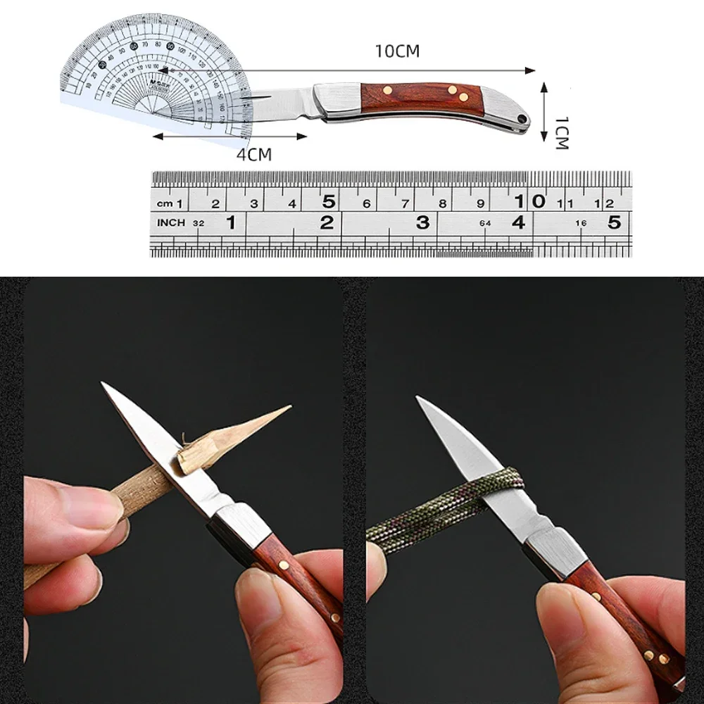 Mini Folding Knife Portable Keychain Pocket Knife Stainless Steel Wooden Handle Knife Camping Survival Unpacking Knife EDC Tool