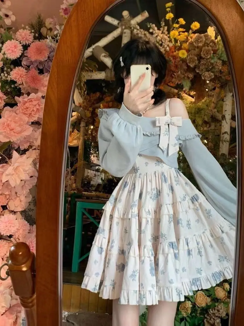 Sweet Japanese Sle Two-Piece Set Blue oulder Wrap Strap Dr ort Length Autumn Winter Faion for Soft Girls