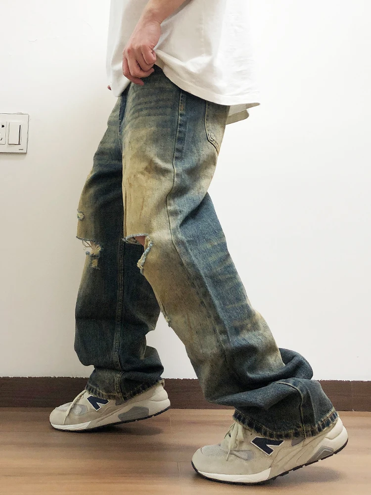

Retro American Sle Worn-Out Denim Jeans Casual Hole Punching Yellow Earth Dyeing Trendy Street Sle Loose Straight Leg Jeans