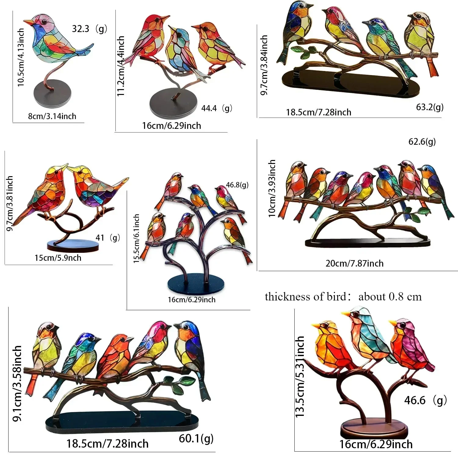 2/3/5 Multicolor Birds Stained Acrylic Birds on Branch Desktop Ornaments Double Sided Multicolor Style Craft Statue Ornaments