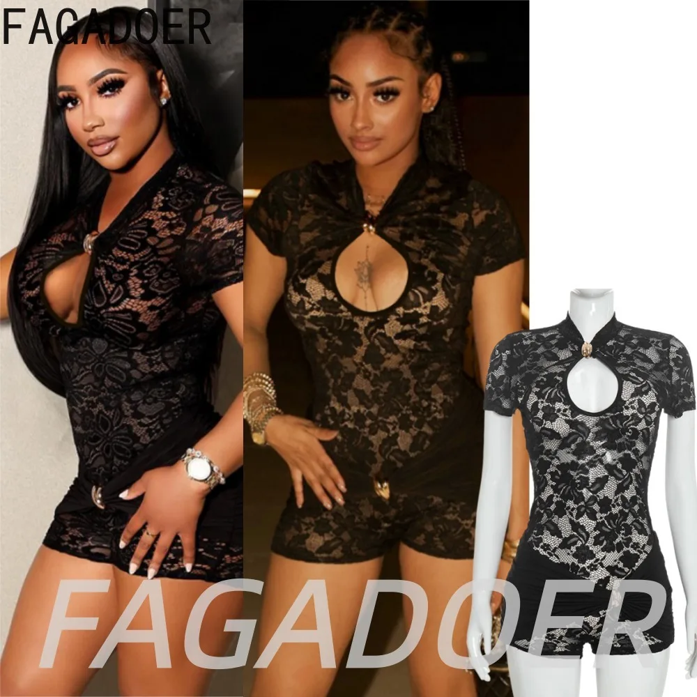 FAGADOER New Sexy Lace Hollow Out Rompers Women Fashion Metal Buckle Ruched Patchwork See Through Bodycon Jumpsuits Streetwear