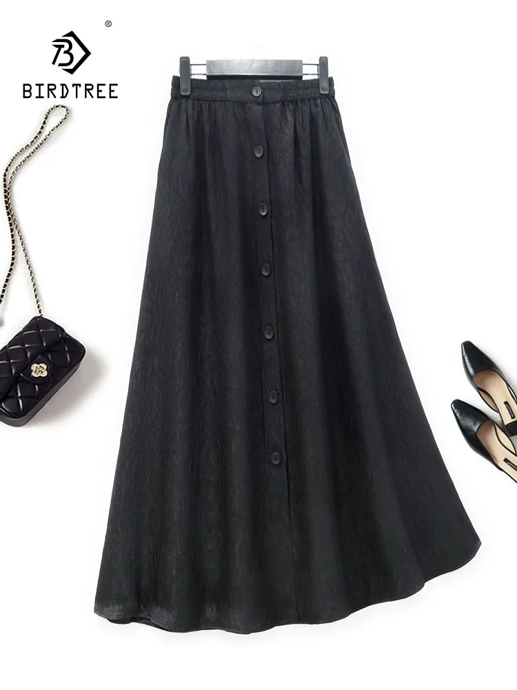

BirdTree-Silk Guanle Crepe Elegant Skirts, Elastic High Waist Buttons, Women Retro Temperament A-line Skirt, 2025 Fall B5N233CC