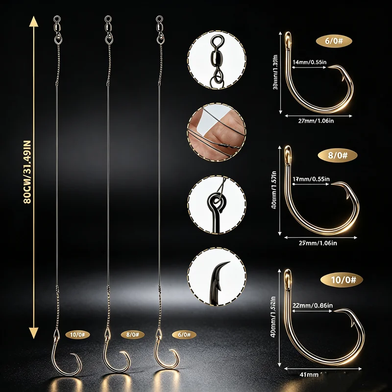 ZYZHE 1/3 Stück Meeresfisch-Angelhaken Monofilament 100/150LB Stahlschnur mit 6/0 # 8/0 # 10/0 # 80cm Angelhaken für Vorderlinie – Detail 5